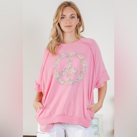 Bluevelvet Tops - BV05 Bluevelvet Pink Floral Peace Sign Oversized Tee